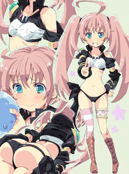  ahoge ass asymmetrical_legwear bare_shoulders black_panties blue_eyes breasts butt_crack cameltoe commentary_request female from_below homing_(areya) midriff milim_nava navel panties rimuru_tempest sad side-tie_panties slime_(creature) small_breasts smile striped_clothes striped_thighhighs sweatdrop tearing_up tears tensei_shitara_slime_datta_ken thighhighs twintails underwear uneven_legwear v 