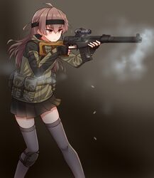  ahoge bag black_gloves black_hairband black_skirt blush brown_eyes brown_hair bullet closed_mouth commentary_request female finger_on_trigger fingerless_gloves firing gloves green_jacket grey_thighhighs gun hair_between_eyes hairband hands_up highres holding holding_gun holding_weapon jacket long_hair looking_away miyako_(yakob_labo) original pleated_skirt rifle satchel scope sidelocks skirt smoke sniper_rifle solo thighhighs v-shaped_eyebrows very_long_hair vss_vintorez weapon yakob_labo 