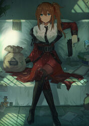  absurdres aer7o ahoge alternate_costume belt black_footwear black_necktie black_pantyhose black_thighhighs blue_eyes blush boots breasts brown_hair buckle bullet buttons cleavage coat collared_shirt commentary_request couch crossed_legs diamond_(gemstone) double-breasted elbow_rest eyewear_on_head female field_ration girls&#039;_frontline gloves griffin_&amp;_kryuger_military_uniform gun hair_between_eyes hair_ornament hair_over_shoulder hair_ribbon handgun highres holding holding_gun holding_weapon indoors kalina_(girls&#039;_frontline) knee_pads large_breasts long_hair looking_at_viewer lounge necktie orange_hair pantyhose red_ribbon ribbon round_eyewear shirt side_ponytail sidelocks sitting smile solo sunglasses thigh_boots thighhighs thighs trigger_discipline weapon white_shirt 