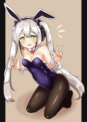  absurdres animal_ears blush breasts cla_(finesoda) cleavage collarbone commentary destroyer_(girls&#039;_frontline) double_v english_commentary fake_animal_ears female girls&#039;_frontline headphones highres kneeling long_hair looking_at_viewer open_mouth pantyhose photoshop_(medium) playboy_bunny rabbit_ears sangvis_ferri simple_background solo twintails v white_hair yellow_eyes 