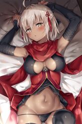  ahoge ale_nqki armpits bed_sheet black_bow black_dress black_gloves black_legwear black_panties blush bow breasts cleavage commentary_request covered_nipples dark-skinned_female dark_skin dress elbow_gloves fate/grand_order fate_(series) female gloves grey_hair hair_between_eyes hair_ornament hairbow highres japanese_clothes kimono large_breasts looking_at_viewer lying navel okita_souji_(fate) okita_souji_alter_(fate) okita_souji_alter_(first_ascension)_(fate) on_back panties parted_lips red_dress red_scarf scarf short_dress short_hair short_kimono sweatdrop tassel tied_hair two-tone_dress underwear wet yellow_eyes 