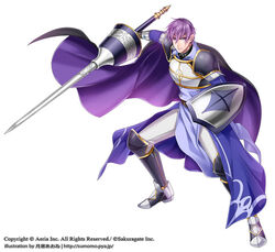  1boy armor bad_id bad_pixiv_id black_cape boots breastplate cape fighting_stance full_body greaves lance looking_at_viewer male_focus official_art paranai photoshop_(medium) polearm purple_cape purple_eyes purple_hair shield shoulder_armor simple_background solo standing watermark weapon wii_hola 