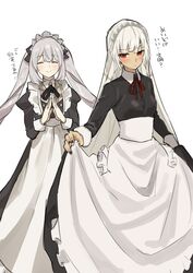  2girls absurdres altera_(animejapan_2016)_(fate) altera_(fate) alternate_costume apron bad_id bad_pixiv_id black_dress black_nails blush closed_eyes closed_mouth commentary_request dress enmaided fate/grand_order fate_(series) fingernails grey_hair highres long_dress long_hair long_sleeves looking_away looking_to_the_side maid maid_apron maid_headdress marie_antoinette_(animejapan_2016)_(fate) marie_antoinette_(fate) multiple_girls nail_polish neck_ribbon official_alternate_costume own_hands_together red_eyes ribbon simple_background skirt_hold smile standing teshima_nari translation_request twintails very_long_hair white_background 