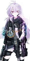  ahoge ar-15 assault_rifle black_thighhighs commentary female flashlight glock gun handgun highres holding holding_gun holding_weapon holster holstered load_bearing_equipment long_hair looking_at_viewer magazine_(weapon) military nurim original purple_eyes purple_hair rifle solo thigh_holster thighhighs trigger_discipline weapon white_background 