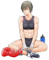  abs ankle_socks bike_shorts boxing_gloves breasts brown_hair female gloves hand_wraps midriff mizuguchi_naoki muscular muscular_female nervous_sweating official_art red_gloves saotome_senshu_hita_kakusu saotome_yae shoes short_hair shorts sitting small_breasts sneakers socks solo sports_bra sweat unworn_gloves 