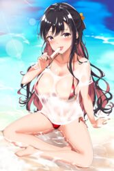  :p arm_support bad_id bad_twitter_id beach bikini black_hair blush breasts cleavage collarbone commentary_request day female food groin hair_ribbon head_tilt holding holding_food kantai_collection large_breasts long_hair looking_at_viewer multicolored_hair naganami_(kancolle) navel ocean oerba_yun_fang open_mouth outdoors partially_submerged pink_hair popsicle red_bikini ribbon see-through shirt sidelocks sitting skindentation smile solo stomach sunlight swimsuit takaharu thighs tongue tongue_out two-tone_hair wet wet_clothes wet_shirt white_shirt yellow_eyes 