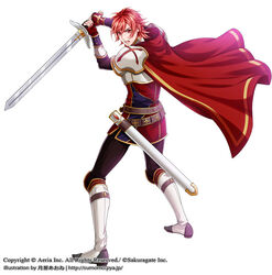  1boy :o armor bad_id bad_pixiv_id belt black_pants cape fighting_stance fingerless_gloves gloves knee_pads looking_at_viewer male_focus official_art pants paranai photoshop_(medium) red_cape red_eyes red_gloves red_hair sheath shoulder_armor sword weapon white_footwear wii_hola 