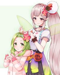  2girls 3: badge bag_charm black_choker blush brown_eyes button_badge charm_(object) choker closed_mouth clothes_writing coat commentary_request elu_(1st_costume)_(nijisanji) elu_(nijisanji) flower gradient_clothes green_eyes green_hair grey_background hair_flower hair_ornament hairband hood hood_down i_heart... lantern long_hair long_sleeves loungewear morinaka_kazaki morinaka_kazaki_(1st_costume) multiple_girls nijisanji paper_lantern pink_flower pink_hair pointy_ears purple_skirt racchi. shirt short_sleeves side_ponytail simple_background skirt smile standing very_long_hair virtual_youtuber white_shirt wristband 