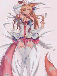  ahri alternate_costume alternate_eye_color alternate_hair_color alternate_hairstyle animal_ears breasts female fox_ears fox_girl fox_tail hair_ornament league_of_legends long_hair magical_girl peach_hair purple_eyes skirt solo star_guardian_ahri thigh_boots 