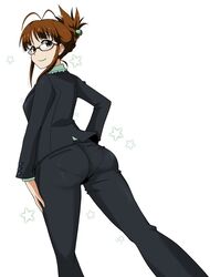  akizuki_ritsuko antenna_hair ass brown_hair business_suit commentary_request dutch_angle female formal glasses idolmaster idolmaster_(classic) looking_back minpei_ichigo pantylines short_ponytail smile solo star_(symbol) suit 