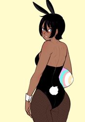  :p animal_ears ass back black_hair blue_eyes blush breasts commentary dark-skinned_female dark_skin earrings easter_egg egg fake_animal_ears female fishnet_pantyhose fishnets hair_between_eyes jewelry k&#039;lyn leotard looking_back medium_breasts original oversized_object pantyhose playboy_bunny rabbit_ears rabbit_tail razalor seamed_legwear short_hair sideboob solo strapless strapless_leotard stud_earrings symbol-only_commentary tail tongue tongue_out very_dark_skin wrist_cuffs yellow_background 