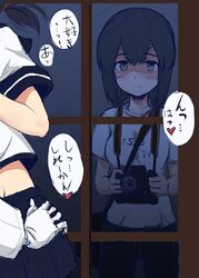  1boy 2girls admiral_(kancolle) alternate_costume bad_id bad_twitter_id blush braid breasts camera commentary false_smile fubuki_(kancolle) gloves green_eyes heart ichikawa_feesu isonami_(autumn_mode)_(kancolle) isonami_(kancolle) kantai_collection medium_breasts military military_uniform multiple_girls ponytail school_uniform shaded_face shirt smile straight translated twin_braids uniform watching 