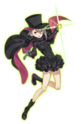  :o ange_(princess_principal) aura black_footwear black_gloves black_hat blue_eyes boots braid cape cavorite_ball female full_body gloves glowing grey_hair gun handgun hat highres holding holding_gun holding_weapon looking_at_viewer makaria official_art princess_principal princess_principal_game_of_mission revolver solo top_hat transparent_background v-shaped_eyebrows weapon webley-fosbery_automatic_revolver 