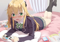  bedroom blonde_hair blush book cellphone commentary_request controller curtains female game_controller gamers! gotyou green_eyes grey_skirt hair_between_eyes holding indoors line_(naver) long_hair looking_at_phone lying miniskirt nose_blush on_bed on_stomach open_book open_mouth phone pillow pleated_skirt sidelocks skirt smartphone solo tendou_karen wavy_mouth 