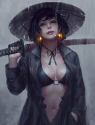  absurdres bikini bikini_top_only black_bikini black_hair black_jacket blue_eyes breasts breasts_apart cigarette commentary earrings female glowing glowing_earrings guweiz hand_in_pocket hat head_tilt highres holding holding_sword holding_weapon jacket jewelry katana long_sleeves looking_at_viewer medium_breasts mouth_hold navel open_clothes open_jacket original parted_lips rain realistic same-hada saya_(scabbard) sheath sheathed short_hair smoke solo swimsuit sword symbol-only_commentary tsuba_(guard) tsuka-ito tsuka_(handle) weapon wet 