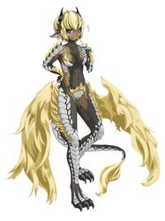  blonde_hair blue_eyes claws commentary_request cup dark-skinned_female dark_skin dragon_girl dragon_horns dragon_tail dragon_wings drinking drinking_straw female full_body fur highres hitokuirou horns monster_girl original scales short_hair smile solo spines tail white_background wings 