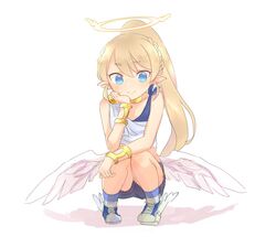  angel angel_wings blonde_hair blue_eyes bracelet braid commentary_request female french_braid full_body halo jewelry kyuuri_(miyako) liliana_hart long_hair looking_at_viewer low_wings one_eye_closed pointy_ears ponytail pop-up_story shoes shorts simple_background smile sneakers solo squatting white_background winged_footwear wings 