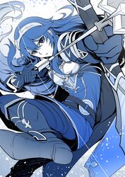  aiming armor arrow_(projectile) blue_theme bow_(weapon) cape commentary_request female fire_emblem fire_emblem_awakening fire_emblem_heroes gloves highres holding holding_weapon jewelry long_hair looking_at_viewer lucina_(fire_emblem) lucina_(glorious_archer)_(fire_emblem) monochrome nakabayashi_zun parted_lips solo tiara weapon 