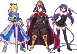  3girls armor armored_boots armored_dress artoria_pendragon_(fate) ayase_eli belt black_dress black_footwear black_hair black_hat black_pants blonde_hair blue_bow blue_dress blue_eyes boots bow breasts chains cleavage commentary_request cosplay detached_sleeves dress facial_mark fate_(series) full_body gauntlets gloves grey_gloves hair_ribbon hairbow hand_on_own_hip hat high_ponytail holding holding_sword holding_weapon kelinch1 long_hair love_live! love_live!_school_idol_project medium_breasts medusa_(fate) medusa_(rider)_(fate) medusa_(rider)_(fate)_(cosplay) military military_uniform multiple_girls nameless_dagger_(fate) oda_nobunaga_(fate) oda_nobunaga_(koha-ace) oda_nobunaga_(koha-ace)_(cosplay) pants purple_hair red_ribbon ribbon saber_(fate) saber_(fate)_(cosplay) sheath sheathed short_dress simple_background sleeveless sleeveless_dress standing strapless strapless_dress sword thigh_boots thighhighs tojo_nozomi tube_dress twintails uniform very_long_hair visor_cap weapon white_background yazawa_nico yellow_footwear zettai_ryouiki 