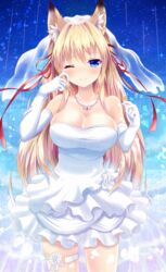  ;) animal_ears bare_shoulders blonde_hair blue_eyes blush breasts bridal_veil cleavage closed_mouth collarbone commentary_request cowboy_shot dress elbow_gloves female flower fox_ears fox_girl gloves hair_ribbon happy_tears heart heart_necklace jewelry kittona large_breasts long_hair looking_at_viewer necklace one_eye_closed original petals red_ribbon ribbon ring rose sky smile solo star_(sky) starry_sky strapless strapless_dress tears thigh_strap tress_ribbon veil very_long_hair wedding_dress wedding_ring white_dress white_flower white_gloves white_rose wiping_tears 