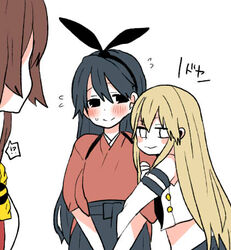  !? 3girls alternate_headwear arm_hug bad_id bad_twitter_id black_hair black_ribbon blonde_hair brown_hair commentary_request doyagao flying_sweatdrops hair_ribbon hakama hakama_short_skirt hakama_skirt houshou_(kancolle) japanese_clothes kantai_collection long_hair lowres multiple_girls ribbon school_uniform serafuku shimakaze_(kancolle) simple_background skirt smug spoken_interrobang sweatdrop white_background yamato_(kancolle) yoichi_(umagoya) 