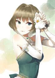  adjusting_hair_ornament bad_id bad_pixiv_id bare_shoulders blue_eyes brown_hair dress elbow_gloves female flower furururu gloves green_eyes hair_flower hair_ornament heterochromia idolmaster idolmaster_cinderella_girls idolmaster_cinderella_girls_starlight_stage looking_at_viewer mole mole_under_eye short_hair smile solo takagaki_kaede 