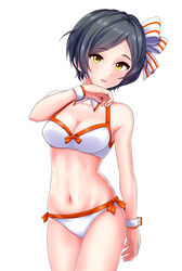  bikini black_hair breasts cleavage commentary_request cowboy_shot detached_collar female hair_ribbon hayami_kanade idolmaster idolmaster_cinderella_girls looking_at_viewer medium_breasts momoda_yasuhito ribbon short_hair simple_background solo standing striped striped_ribbon swimsuit white_background white_bikini white_ribbon wrist_cuffs yellow_eyes 