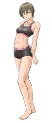  abs arms_behind_back barefoot breasts brown_hair female full_body grey_eyes hand_on_own_arm highres holding_own_arm midriff mizuguchi_naoki muscular muscular_female official_art saotome_senshu_hita_kakusu saotome_yae short_hair shorts small_breasts solo sports_bra standing 