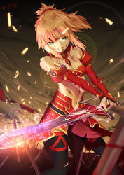  armor bandeau black_thighhighs blonde_hair blood bra breasts clarent_(fate) cleavage clenched_teeth commentary_request detached_sleeves fate/apocrypha fate_(series) female floating_hair green_eyes hair_ornament hair_scrunchie holding holding_sword holding_weapon lens_flare long_hair midriff mordred_(fate) mordred_(fate/apocrypha) navel outdoors ponytail red_scrunchie red_skirt scrunchie skirt small_breasts solo standing stomach striped_bra striped_clothes sword teeth thighhighs underwear weapon yeh_(354162698) 