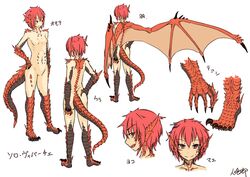  animal_ears character_name commentary_request dragon_girl dragon_horns dragon_tail dragon_wings female hand_on_own_hip hitokuirou horns monster_girl multiple_views navel no_nipples no_pussy nude original red_eyes red_hair reference_sheet scales smile solo_vivace_(hitokuirou) spines tail white_background wings 