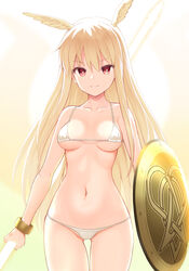  ass_visible_through_thighs bell_(oppore_coppore) bikini blonde_hair bracelet breasts bright_pupils closed_mouth collarbone commentary_request cowboy_shot fate/grand_order fate_(series) female head_wings highres jewelry long_hair medium_breasts navel pink_eyes polearm shield sidelocks smile solo swimsuit thrud_(fate) valkyrie_(fate) weapon white_bikini white_pupils wings 