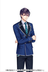  1boy bad_id bad_pixiv_id black_hair black_pants blue_jacket blue_necktie crossed_arms heisa_gaku_koi jacket looking_at_viewer male_focus necktie official_art pants red_eyes school_uniform standing watermark wii_hola 