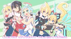  2boys 3girls aqua_hair azure_striker_gunvolt black_hair blaster_master_zero blonde_hair blue_eyes bodysuit bow bracelet braid commentary company_connection ekoro_(galgun) english_commentary english_text eve_(blaster_master_zero) fingerless_gloves floating gal_gun_(series) gal_gun_double_peace gloves green_background gunvolt hairbow halo handheld_game_console highres inti_creates jacket jason_frudnick jewelry looking_at_another lumen_(gunvolt) mechanical_wings multicolored_hair multiple_boys multiple_girls natsume_yuji necktie nintendo_3ds nintendo_switch official_art playing_games red_gloves red_jacket short_hair sleeveless streaked_hair thighhighs white_bow white_thighhighs wings 