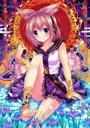  anklet arm_support bare_shoulders barefoot blush bracelet brown_hair collarbone commentary_request earmuffs female flower highres jewelry kittona looking_at_viewer millipen_(medium) petals pointy_hair purple_eyes purple_skirt scabbard sheath sheathed shirt short_hair sitting skirt sleeveless sleeveless_shirt smile solo sword touhou toyosatomimi_no_miko traditional_media watercolor_pencil_(medium) weapon white_shirt 