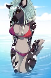  african_wild_dog anthro bikini biped canid canine clothing dreadlocks female hands_behind_back hi_res kittentits looking_at_viewer mammal navel outside smile solo standing swimwear 