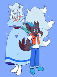  alolan_ninetales anthro blue_eyes blush clothing dress duo female green_eyes male nintendo paris_the_ninetales pok&eacute;mon_(species) pokemon regional_variant shiny_pok&eacute;mon shinyillusionz size_difference video_games zeke_the_zorua zorua 