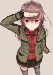  &gt;:) ahoge arm_up black_skirt blush brown_hair closed_mouth commentary_request female from_above green_jacket grey_thighhighs hair_between_eyes highres jacket long_hair long_sleeves looking_at_viewer looking_up miyako_(yakob_labo) open_clothes open_jacket original pleated_skirt red_eyes red_sweater ribbed_sweater salute skirt smile solo standing sweater thighhighs v-shaped_eyebrows very_long_hair yakob_labo 