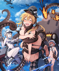  3girls aircraft airplane alcohol anchor_hair_ornament asahi_breweries barefoot beer beer_can beret bikini bikini_pull black_bikini black_ribbon blonde_hair blue_sky blush breasts brown_eyes can cleavage closed_eyes clothes_pull cloud collarbone commentary_request day drink_can ezusuke graf_zeppelin_(kancolle) grey_eyes hair_between_eyes hair_ornament hat highres kantai_collection knees_together_feet_apart large_breasts long_hair low_twintails machinery mad_max mad_max:_fury_road mask military_hat monster multiple_girls navel octopus open_mouth outdoors peaked_cap photoshop_(medium) prinz_eugen_(kancolle) restrained ribbon sailor_bikini sailor_collar sailor_hat sarong short_hair sidelocks sky swimsuit tears tentacle tsurime twintails water white_bikini white_hat z3_max_schultz_(kancolle) z3_max_schultz_(swimsuit_mode)_(kancolle) 