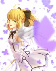  :d ahoge artoria_pendragon_(fate) black_bow blonde_hair bow bowtie breasts caliburn_(fate) choker cleavage commentary_request cowboy_shot dress fate/unlimited_codes fate_(series) female gloves green_eyes hair_between_eyes hairbow holding holding_sword holding_weapon long_hair looking_at_viewer open_mouth outstretched_arms ponytail saber_lily short_dress sideboob small_breasts smile solo standing strapless strapless_dress sword weapon white_dress white_gloves yeh_(354162698) 