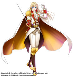  1boy armor ascot bad_id bad_pixiv_id belt blonde_hair blue_eyes brown_footwear brown_vest cape full_body gloves hand_up knee_pads knife long_hair male_focus official_art pants paranai photoshop_(medium) rapier sheath sheathed shoulder_armor simple_background solo standing sword vest watermark weapon white_ascot white_cape white_gloves white_pants wii_hola yellow_cape 