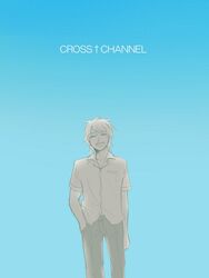  1boy albino blue_sky closed_eyes commentary_request copyright_name cross_channel fujisaki_yuu_(nkrm) hand_in_pocket kurosu_taichi male_focus necktie school_uniform short_hair sky smile white_hair 