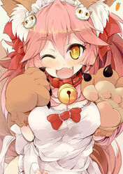  ;d animal_ears animal_hands bell blush breasts cat_hair_ornament cleavage collar commentary_request eyebrows fate/extra fate/grand_order fate_(series) female fox_ears fox_tail hair_ornament large_breasts long_hair looking_at_viewer neck_bell oerba_yun_fang one_eye_closed open_mouth photoshop_(medium) pink_hair rakkogawa_rinro smile solo tail tamamo_(fate) tamamo_cat_(fate) tamamo_cat_(third_ascension)_(fate) yellow_eyes 