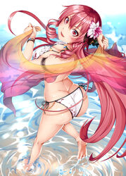  ass ayase_tamaki bare_legs bikini black_ribbon blush cattleya_(flower_knight_girl) commentary_request curly_hair female flower flower_knight_girl full_body gradient_sarong hair_flower hair_ornament hair_ribbon long_hair looking_at_viewer looking_back multicolored_sarong orchid red_eyes red_hair ribbon sarong sash see-through see-through_sarong sidelocks smile solo swimsuit unworn_sarong water white_bikini 