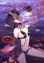  :d artist_name barefoot black_hair black_panties bottle breasts commentary fate/grand_order fate_(series) female hair_ornament heart horns oerba_yun_fang open_mouth outdoors panties photoshop_(medium) purple_eyes revealing_clothes sake_bottle short_hair shuten_douji_(fate) sidelocks sitting skin-covered_horns small_breasts smile solo underwear wariza yeh_(354162698) 