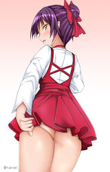  ass bad_id bad_pixiv_id blush bow clothes_pull commentary dress female frilled_skirt frills from_behind gegege_no_kitarou hair_bun hairbow half-closed_eyes highres hubrael long_sleeves looking_back nekomusume nekomusume_(gegege_no_kitarou_6) oerba_yun_fang open_mouth photoshop_(medium) purple_hair red_bow shirt short_dress single_hair_bun skirt skirt_pull solo sweatdrop twitter_username white_shirt yellow_eyes 