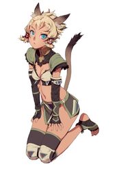  adventurer_(ff11) animal_ears arm_support black_gloves blonde_hair blue_eyes branch_(blackrabbits) cat_ears cat_girl cat_tail commentary_request elbow_gloves facial_mark female final_fantasy final_fantasy_xi fingerless_gloves full_body gloves hair_tubes hairband hands_on_own_hips knee_pads kneeling loincloth looking_at_viewer mithra_(ff11) navel seiza short_hair shoulder_pads sitting solo tail tan 