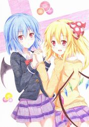  2girls :d :o alternate_costume bat_wings blazer blonde_hair blue_hair blush bow bowtie commentary_request contemporary cowboy_shot crystal flandre_scarlet holding_hands interlocked_fingers jacket kittona looking_at_viewer millipen_(medium) multiple_girls no_headwear open_mouth pleated_skirt purple_skirt red_bow red_bowtie red_eyes remilia_scarlet school_uniform short_hair siblings side_ponytail sisters skirt smile sweater touhou traditional_media v-shaped_eyebrows watercolor_pencil_(medium) wings 