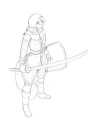  2017 ailurid anthro clothed clothing conditional_dnp dark_souls female fromsoftware hair hi_res holding_melee_weapon holding_object holding_sword holding_weapon jay_naylor lynne mammal melee_weapon monochrome red_panda shield solo standing sword traditional_media_(artwork) weapon 