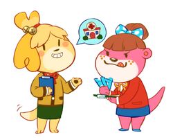  accessory animal_crossing anthro beady_eyes bell blush bottomwear bow_(feature) bow_accessory bow_ribbon brown_hair canid canine canis centered_hair_bow clothed clothing digital_media_(artwork) domestic_dog duo female freckles fully_clothed fur hair hair_accessory hair_ribbon hairbow isabelle_(animal_crossing) looking_at_viewer lottie_(animal_crossing) mammal mustelid neck_bow nintendo otter pattern_accessory pattern_bow pawpads pencil_(object) pencil_skirt pink_body pink_fur ribbons shih_tzu shirt simple_background skirt smile somik spotted_accessory spotted_bow standing teeth tongue tongue_out topwear toy_dog white_background writing_text yellow_body yellow_fur 