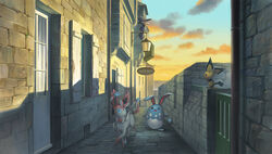  alley atelier_pocket azumarill bad_id bad_pixiv_id building city cloud cloudy_sky commentary_request door gradient_sky lantern looking_at_another murkrow no_humans outdoors photoshop_(medium) pichu pokemon pokemon_(creature) prehensile_ribbon scenery sign sky smile sunset sylveon walking wall window 